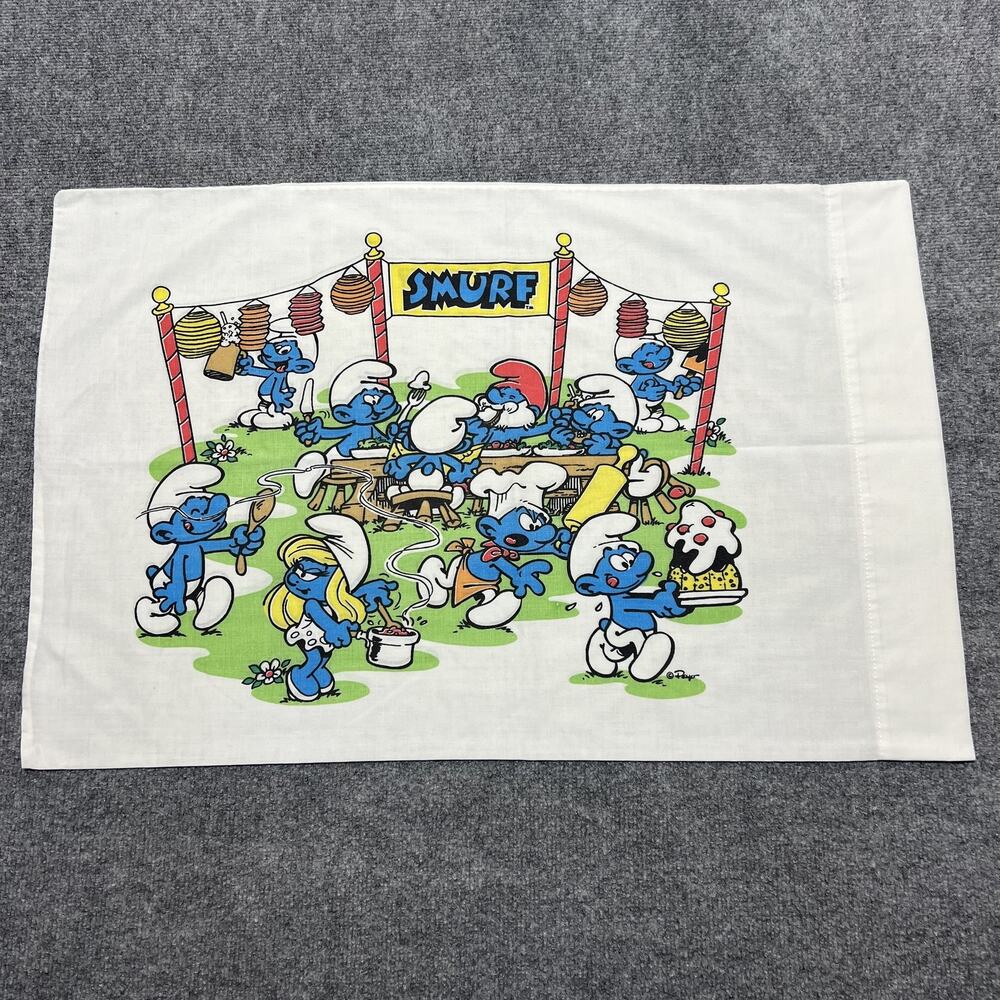 Vintage 80s Smurfs Pillowcase Papa Smurf Smurfette 20x30 Multicolor Cotton